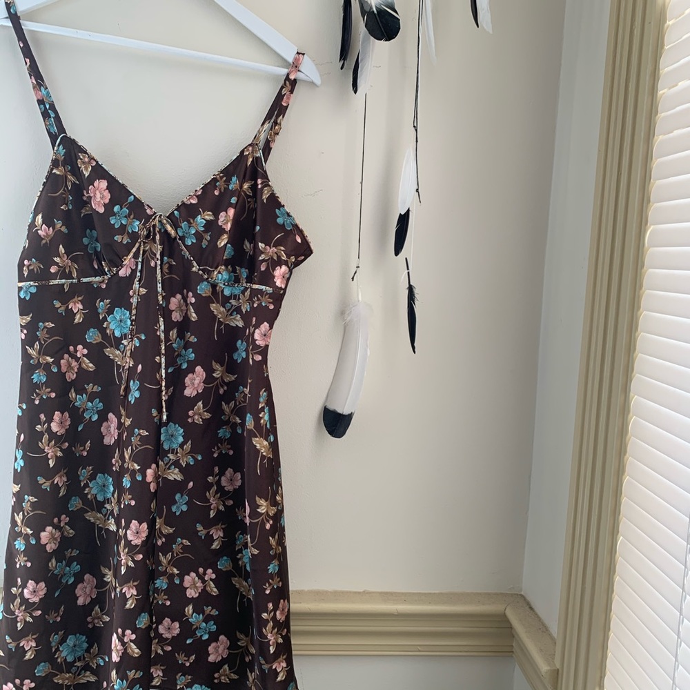 Vintage V-neck Brown Floral Slip Dress SZ L - Picture 3 of 12